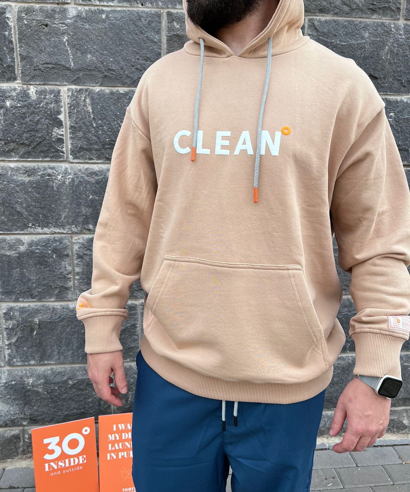 THIRTY DEGREES - SWH 1012 קפוצ'ון   MEN OVERSIZE HOODIE BRAIN WASHED